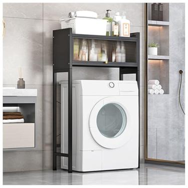 Imagem de SPXMQSS Armazenamento sobre vaso sanitário, armário de unidade de armazenamento de máquina de lavar, economia de espaço de banheiro independente com porta transparente sobre o vaso sanitário, preto