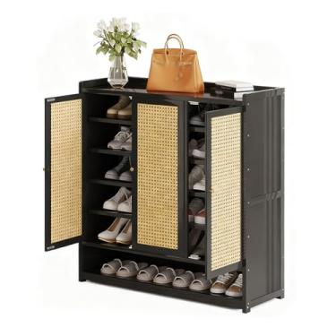 Imagem de SPXMQSS Armário de sapatos com portas, armário de armazenamento de sapatos grande de 7/8 níveis para entrada de bambu, sapateira independente para corredor, sala de estar, quarto, armário preto 90 x