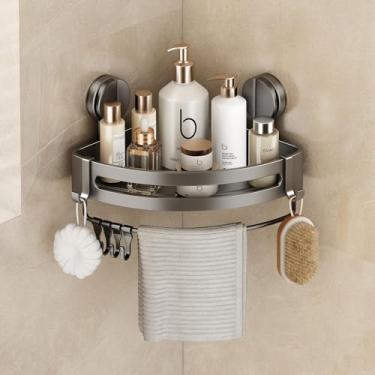Imagem de VOLPONE Suporte de sucção para chuveiro, 1 pacote de prateleiras de chuveiro de canto sem perfuração, organizador de chuveiros com barra de toalha e ganchos removíveis, prateleira de chuveiro de