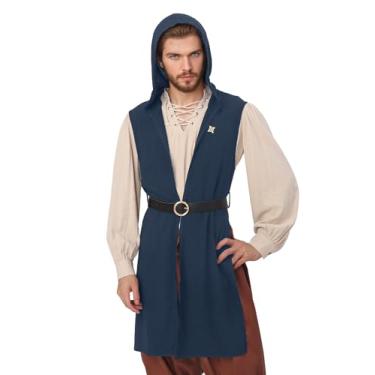 Imagem de Koalswm Sobretudo masculino renascentista com capuz cavaleiro medieval sem mangas com broche e cinto, túnica, tabard, fantasia de manto viking holloween (azul, pequeno)