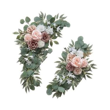 Imagem de Kit De Flores Artificiais Boho Rosa Antigo E Azul Eucalipto Para Arco 