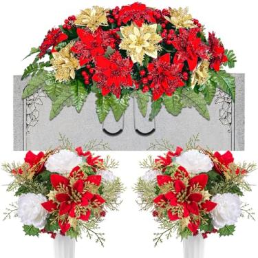 Imagem de Giegxin 3 peças de flores de cemitério de sela de flores de Natal para buquês artificiais de poinsétia vermelha e dourada com vaso para decoração de cemitério ao ar livre para lápide de lápide