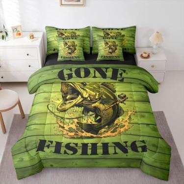 Imagem de Erosebridal Conjunto de edredom queen verde de caça de peixe lúcio grande, tamanho Queen, 7 peças, cama subaquática subaquática ombré subaquática para crianças, meninos, adolescentes, vintage, retrô