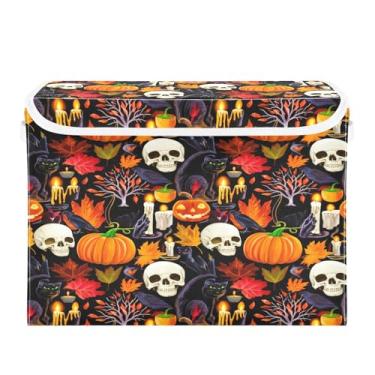 Imagem de Wassud Cestas de armazenamento de Halloween com tampas, caveiras, abóboras, caixotes dobráveis empilháveis de tecido, cestas de linho, recipiente organizador de armário 42 x 32 x 30 cm