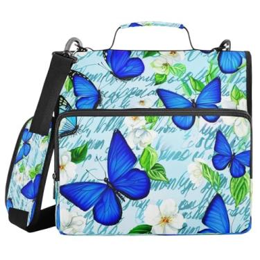 Imagem de Qilmy Fichários com zíper com alça de ombro, fichário de 3 anéis de 3 cm, capacidade de 500 folhas, pasta organizadora e pasta de arquivos expansível - borboleta azul 308