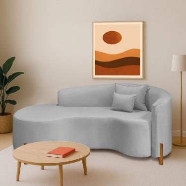 Imagem de Divã Recamier Curvo Sala De Estar Recepção Inglaterra 200cm Pés Madeira Lado Esquerdo Linho Cinza Claro