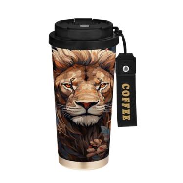 Imagem de YETTASBIN Caneca de café com isolamento térmico Lion de 482 g com tampa canudo, copo à prova de derramamento e vazamento com alça para bebida quente e fria, garrafa de água de aço inoxidável