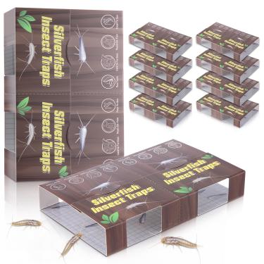 Imagem de 20 armadilhas para insetos Silverfish, 10 folhas de armadilhas para peixes prateados internos para casa, matador de centopéia de formigas não tóxicas com design de grão de madeira e isca de padrão
