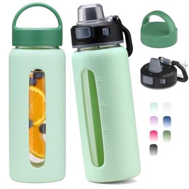 Imagem de Kodrine Garrafa de água de vidro de 590 ml com canudo - 2 tampas - xícara de café gelada com manga de silicone e marcador de tempo, garrafa de vidro reutilizável para casa, escritório, ao ar livre