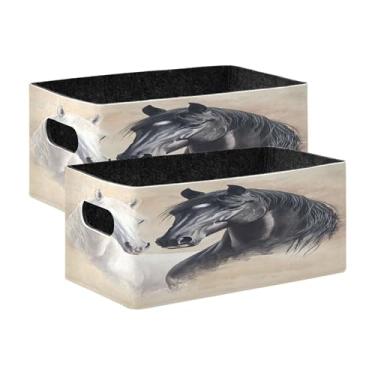 Imagem de Burbuja Caixa de armazenamento dobrável de cavalo preto branco com alças – Caixa de armazenamento de feltro para organizar brinquedos, livros, maquiagem, panos, meias em prateleira, armário, quarto, 2