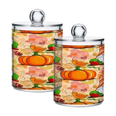 Imagem de STAYTOP 2 frascos de boticário Qtip para banheiro com etiquetas – Recipiente de armazenamento Qtip de plástico transparente para bola de algodão, cotonete, grão de café, gnomo de ação de graças e