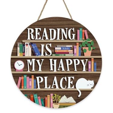 Imagem de Bolisom Reading is My Happy Place, placa de porta da frente, cabide de madeira inspirador, sala de aula, sala de aula, canto de leitura, decoração de casa, guirlanda, decoração de parede, leitor de