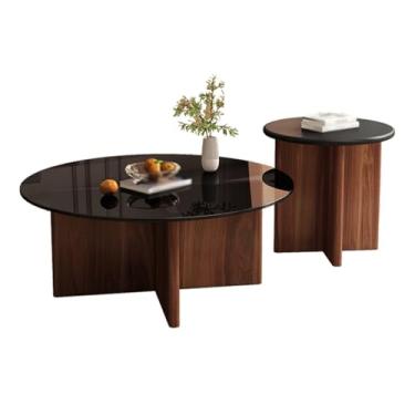 Imagem de Simple Modern Round Coffee Table set of 2, Wooden/glass Tabletop, Solid Wood Base, Cross-shaped Legs, Rounded Corners, Suitable for Living Room(C)