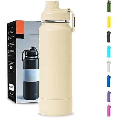 Imagem de Garrafa Térmica 1000ML - Duplamente Isolada, Aço Inox 304, Base Emborrachada Anti Derrapante, Mantém Bebidas Quentes por 12 Horas e Geladas por 24 Horas (Creme Slin)