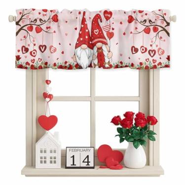 Imagem de Cortinas de Dia dos Namorados para Janelas Gnomo de Pássaros Sanefas Rosas Vermelhas Amor Coração Ramos Rod Pocket Sanefa para Janela Tratamentos de Dia dos Namorados Cortinas Curtas para Cozinha Sala