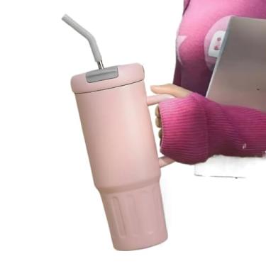 Imagem de Copo Termico Aço Inoxidável 1200ml com Canudo - Mantém Frio, À Prova de Vazamento, Viagem e Academia(Rosa Cinza)