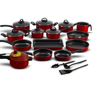 Imagem de Conjunto Panelas 17 Peças Antiaderente + Panela Pressão (Vermelho)