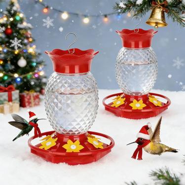 Imagem de Fchstaer Alimentadores de vidro para beija-flor para uso ao ar livre, à prova de formigas e abelhas, pacote com 2, alimentador de beija-flor, abacaxi, transparente, com 6 portas de alimentação e fosso