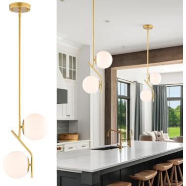 Imagem de Lustre de ilha de cozinha E14 dourado, luminária pendente de cabeceira com esfera de vidro branco leitoso, estilo moderno de meados do século XX, ideal para sala de jantar, quarto e sala de