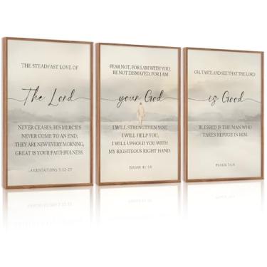 Imagem de HLNIUC Arte de parede emoldurada com escrituras de Jesus, conjunto de arte de parede com escrituras cristãs inspiradoras de 3 (61 cm x 91 cm) O Senhor seu Deus é Bom, verso da Bíblia, decoração de