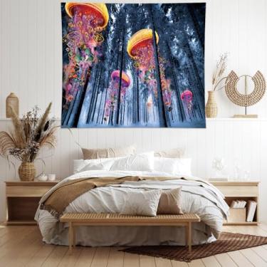 Imagem de Tapeçaria de 200 x 149 cm, tapeçaria para decoração de parede, floresta medusa surreal – tapeçaria psicodélica para decoração de quarto e sala de estar