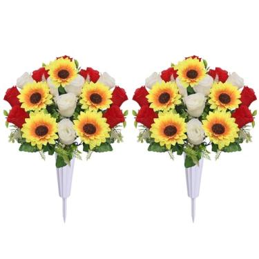 Imagem de Lodou Flores artificiais de cemitério para sepultura, conjunto de 2 flores artificiais de ramo de girassol de rosas para decoração de túmulos ao ar livre (vermelho branco)