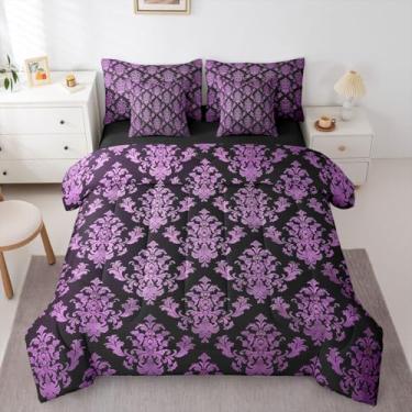 Imagem de Erosebridal Conjunto de edredom feminino damasco gótico roxo e preto, tamanho queen, 7 peças, estilo paisley, vitoriana, estética vintage, barroco, para adultos e meninas