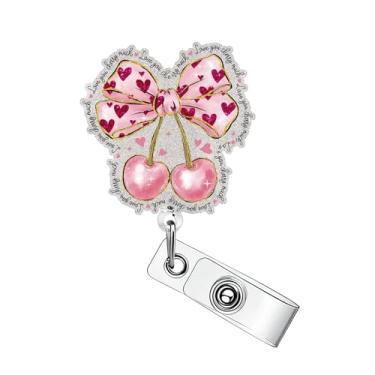 Imagem de Carretel de crachá de dia dos namorados, coração rosa, laço de cerejeira, porta-crachá retrátil com clipe jacaré, clipe de trabalho, para dia dos namorados, suporte de cartão de identificação para