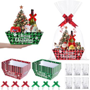Imagem de Conjunto de 12 cestas de presente de Natal vermelhas e verdes vazias com sacos de celofane transparentes, cesta de Natal xadrez vermelha e verde para encher com laços, fitas para Natal, férias