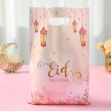 Imagem de 25 peças de sacos de presente Eid Mubarak, estampa de lua rosa, tema Ramadã, sacolas de doces de plástico com alça, bolsa de lanche para lembrancinhas de festa islâmicas muçulmanas, decorações de