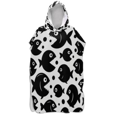 Imagem de Joisal Roupão para adultos, poncho de surfe, toalha de banho com capuz, absorvente, masculino, poncho com capuz, preto, peixe, branco