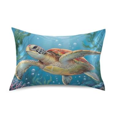 Imagem de Capas de almofada padrão King Queen Vintage Tartaruga Azul Mar Coral Cetim Fronhas Florais Arte Fofa Refrescante Fronhas de Cama para Cabelo King Size 101,6 cm x 50,8 cm