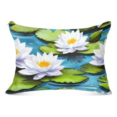 Imagem de Fronha de almofada com zíper grande flores de lótus branco folhas verdes poliéster longo padrão king queen size fronha fofa para cama de casa sofá, tamanho do corpo, 53 cm x 137 cm
