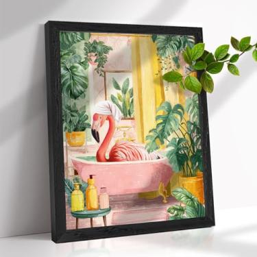 Imagem de Arte de parede de banheiro com capa acrílica - tela emoldurada de 30 x 40 cm, flamingo caprichoso tomando banho, estampa de animal engraçada, decoração de parede humorística para banho, ideia de