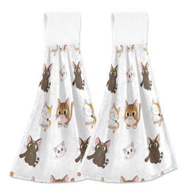 Imagem de Cute Cats Toalhas de mão de expressões de cores com laços para pendurar toalhas de chá de forno personalizadas conjunto de 2 toalhas de casa e cozinha fofas e macias, 46 x 35 cm