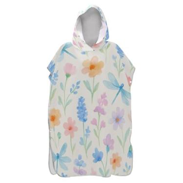 Imagem de TSENQUE Poncho de surfe trocador de roupão adulto toalha de banho com capuz reutilizável homens mulheres poncho com capuz aquarela flores silvestres bege