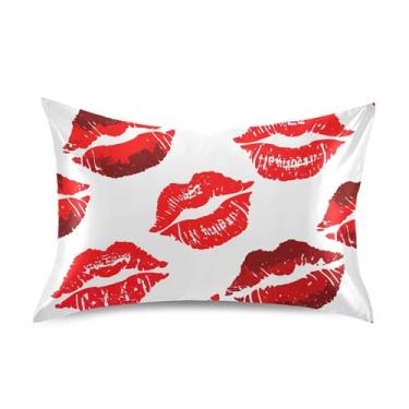 Imagem de Fronhas legais batom vermelho marcas de beijo branco padrão king queen capas de almofadas de cama de cetim refrescante macio capa padrão king size 101,6 cm x 50,8 cm