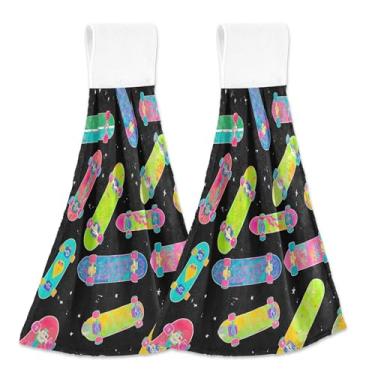 Imagem de Skates coloridos toalhas de cozinha de mão pretas com laço para pendurar conjunto de 2 toalhas de forno absorventes macias, toalha de mão de cozinha personalizada decorativa 46 x 35 cm