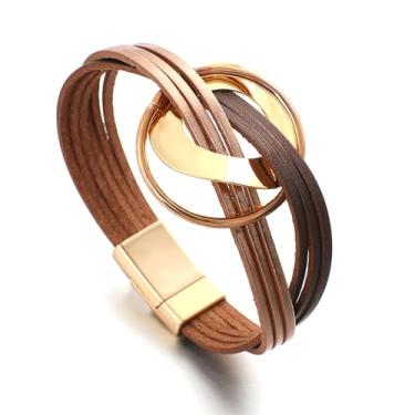 Imagem de Embtrem Pulseira de couro feminina banhada a ouro com alça dupla adequada para uso diário e férias dia carnaval boho acessório joias presentes de aniversário, Large, Sem Pedra Preciosa