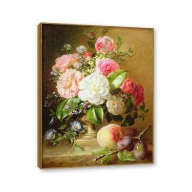 Imagem de Moldura de teca. Arte em tela floral country, pintura botânica vintage de natureza morta, decoração de parede de cozinha de fazenda emoldurada para sala de jantar. B48. 30x40cm-11,8x15,7 pol