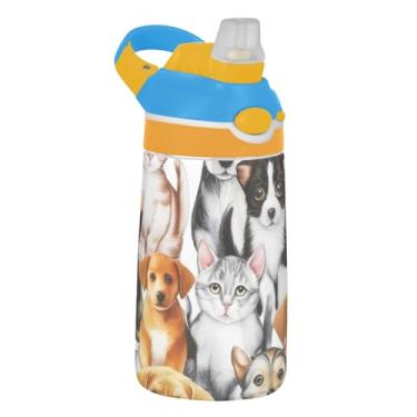 Imagem de Garrafa de água infantil de 473 ml, à prova de vazamento, 473 ml, garrafa de água esportiva Tritan com canudo, copo portátil reutilizável para crianças, alça de transporte, gatinhos fofos filhotes de