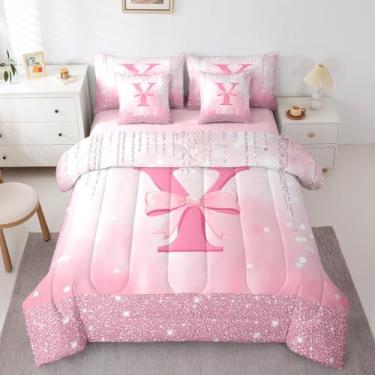 Imagem de Feelyou Conjunto de cama solteiro com laço rosa para meninos e meninas, tamanho solteiro, com inicial Y, 7 peças, conjunto de edredom de princesa com glitter, laço infantil, monograma, para decoração