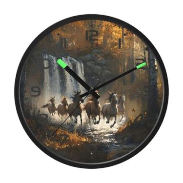 Imagem de SEHANY Relógio de parede artístico majestoso cavalos silencioso, sem tique-taque, relógio redondo operado por bateria, controle de som, luz noturna, relógios de parede para sala de estar, cozinha