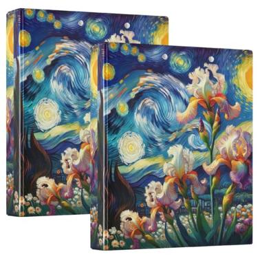 Imagem de Fichários de 3 anéis de 3 anéis com íris de flores de noite estrelada para 200 folhas decorativas 3 pastas de anel redondo para escritório, 31,5 x 27 x 6 cm, pacote com 2