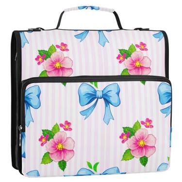 Imagem de Organizador de fichário engraçado com zíper com 3 anéis de 3,8 cm anel D azul rosa flores folhas listradas vários bolsos grande pasta fichário bolsa com alça para escola