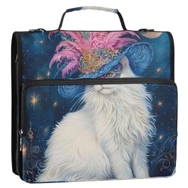 Imagem de Organizador de fichário de trabalho com zíper de 3 cm, fichário de 3 anéis, resistente, baile de máscaras branco místico de gato, pasta de armazenamento de lua, com alça para fichário de ensino médio