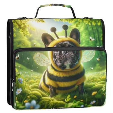 Imagem de Fichário de desenho animado com 3 anéis, anel D de 3 cm, fofo, buldogue, abelha, floral, verde, com zíper, portfólio e estojo, pasta de anel, pasta com alça de ombro para escola