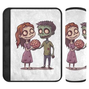 Imagem de Capas de alça de assento de carro infantil de flanela macia Halloween Undead Love com enchimento de algodão - Fecho de fita mágica ajustável para carros, bolsas