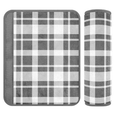 Imagem de Capas de cinto de segurança infantil xadrez preto branco chique, 25 x 19 cm, almofada de cinto de segurança infantil, pacote com 2 capas macias de alça de assento de carro