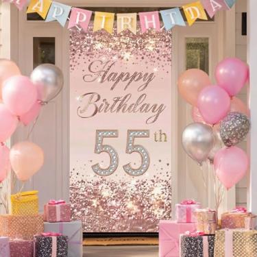 Imagem de BlissYard Capa de porta de aniversário de 55 anos 188 x 89 cm elegante faixa de aniversário de ouro rosa com glitter para mulheres com diamantes brilhantes número cinquenta e cinco marcos celebração